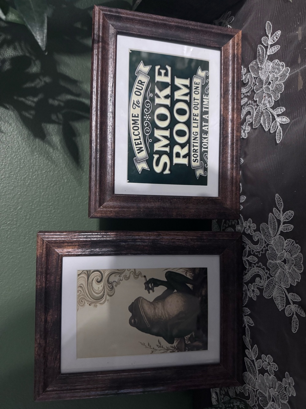 Smoke Room Wall Art Print in Green with Brown Frame